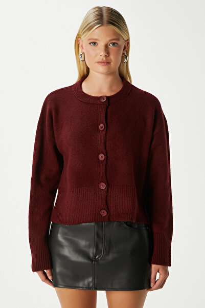 Ritnice Women's Keep Side Slit Soft Textured Burgundy Basic Knitwear Cardigan 70145