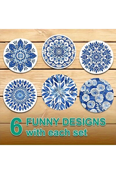 Choice مجموعة واحدة من 3 قواعد أكواب دائرية من البورسلين الأزرق والأبيض على الطراز الصيني مصنوعة من خشب الماندالا ومضادة للحرارة للمنزل