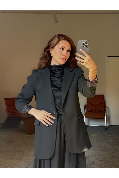 Gallogi İçi Çizgili Saten Astarlı, Kolu Katlanabilir Blazer Ceket