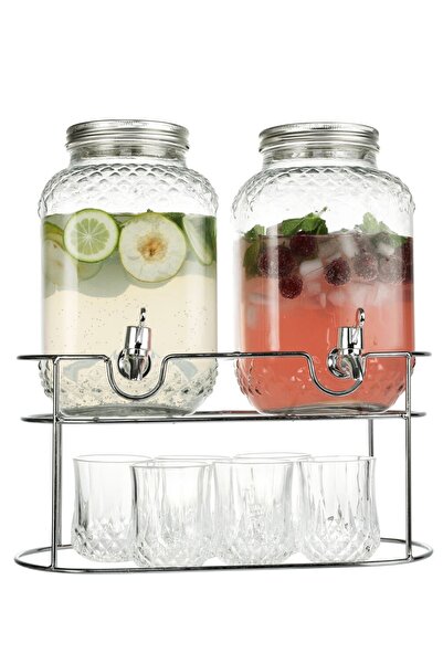 Bien Servi Stylish and Durable 9-Piece Beverage Dispenser Set, Clear and Silver