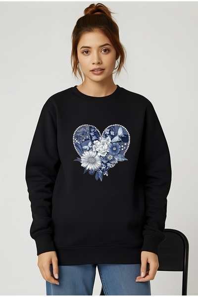 FUFLUNS Blue Flower Heart Printed Oversize Unisex Women/Men Cropped Sweatshirt