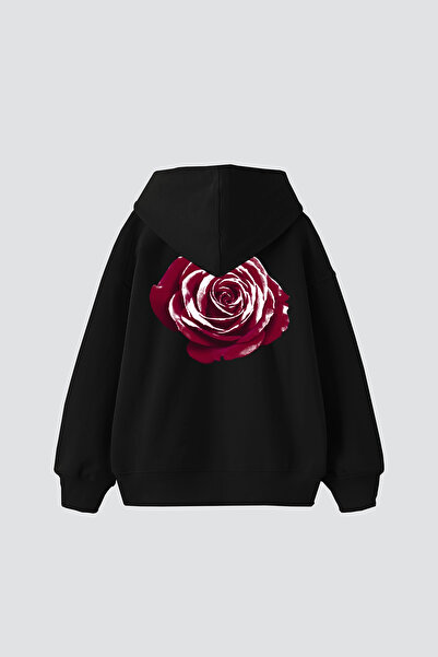 Sekizbiraltı Μαύρο φούτερ με κουκούλα με στάμπα Alert Rose, Oversize Unisex