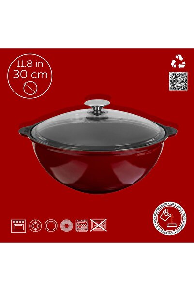 Lava Döküm Yuvarlak Cam Kapaklı Özbek Kazanı/Tencere. Döküm Demir Yekpare Kulplu Çap(ø)30cm.-Bordo