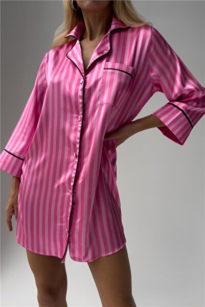 COCCOLARSI Strisce Rosa Scuro Saten Uzun Tunik Gecelik