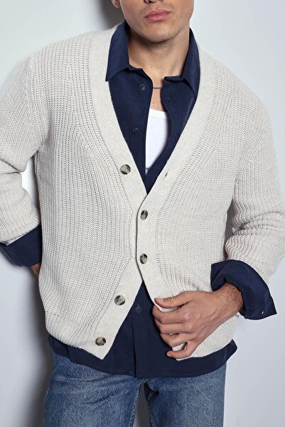 ablukaonline Men's Oversize Buttoned Knitwear Cardigan Beige