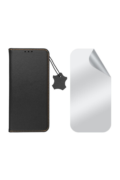 Optim Solution Set Husa Flip Piele Naturala si Folie Silicon pentru Samsung Galaxy A55, Negru