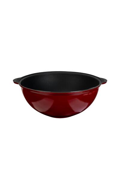 Lava Döküm Yuvarlak Özbek Kazanı / Tencere. Döküm Demir Yekpare Kulplu Çap(Ø)28cm.-Bordo