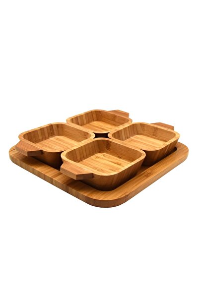 Bien Servi طقم أوعية تقديم أنيقة مربعة الشكل من الخيزران مكونة من 5 قطع باللون البني