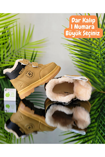 elma bebe İçi Yünlü Kürklü Kız Erkek Unisex Bebek Çocuk Yağmur Kar Kışlık Cırt Cırtlı Bot Ayakkabı