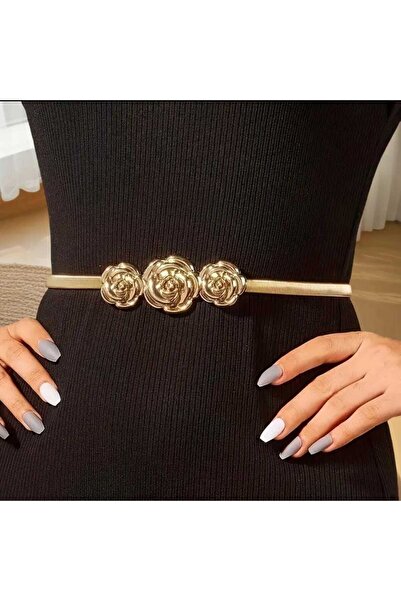 beyna aksesuar حزام معدني مطاطي مطلي بالذهب للنساء مع إبزيم على شكل وردة