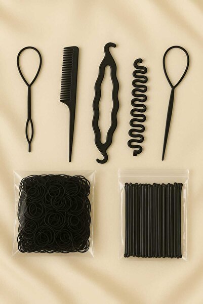 invictus design Kadın Siyah Saç Örgü Set,Minik Lastik Toka,Tel Toka 3'lü Set