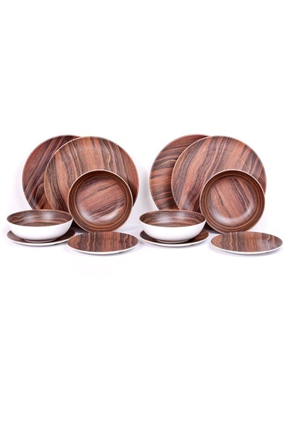 bello 12-Piece Melamine Dinner Set, Brown Wood