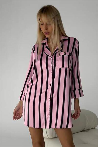 COCCOLARSI Strisce Rosa Larghe Saten Uzun Tunik Gecelik
