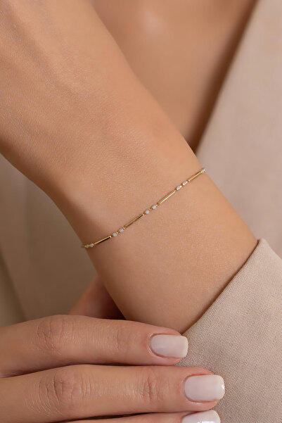 AMES GOLD KUYUMCULUK 14 Ayar Altın Beyaz Mineli İnce Çubuk Bileklik