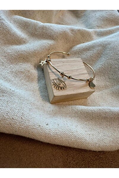 Twelve Gold Color Eye Detailed Handcuff Model Steel Bracelet