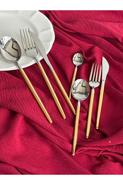 ROSSEV Almeria 24K Gold Plated 42 Piece Spoon Fork Knife Set for 6 People