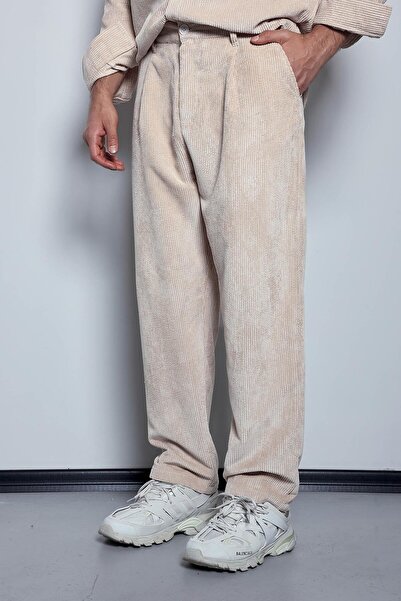 ablukaonline Men's Velvet Textured Baggy Fit Trousers Stone Color