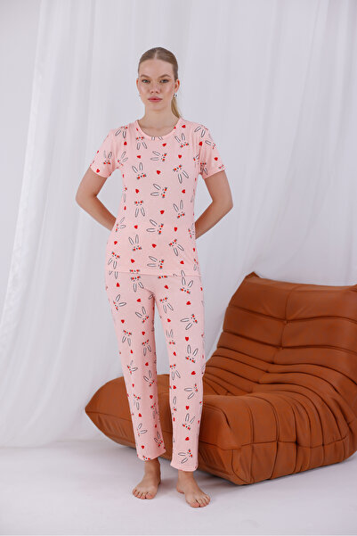 Arvin Pijama Kadın Pink Rabbit Baskılı Yumuşak Dokulu Kısa Kollu Örme Pijama Takımı
