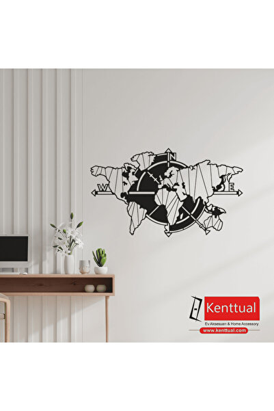 KENT Pusula ve Dünya Haritası Metal Duvar Dekoru-70x40 cm