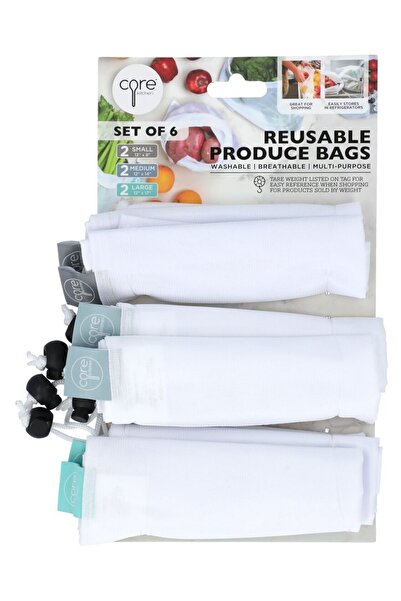 CORE أكياس إنتاج قابلة للطي وأنيقة وقابلة لإعادة الاستخدام مكونة من 6 قطع باللون الأبيض S/M/L