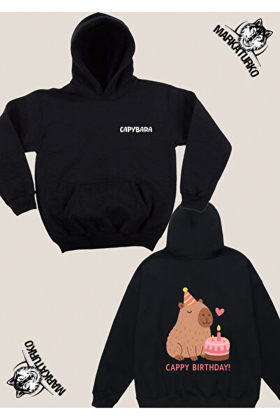 MarkaTurko سويت شيرت أسود مطبوع عليه عبارة HAPPY BİRTDAY CAPYBARA على الجانبين