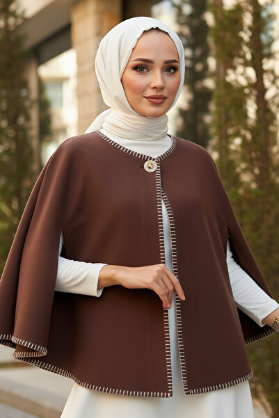 Genel Markalar Tek Düğmeli Kaşe Panço 0018 - KAHVERENGİ