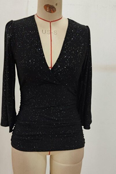 Mossta Double Breasted Collar Glitter Sandy Blouse - Black
