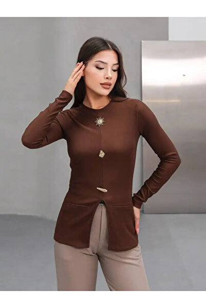 cemo Gold Düğmeli Yırtmaçlı Bluz Pembe