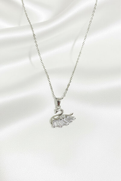 özgül takı ve tasarım Stainless Steel Silver Color Zircon Stone Swan Women's Necklace – Elegant Minimal Jewelry