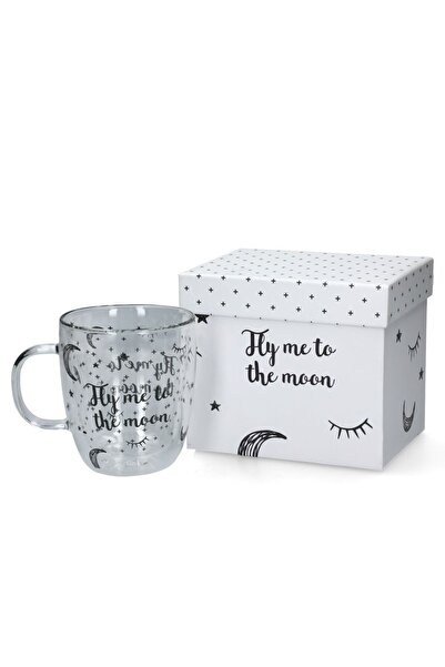 Bien Servi Fly Me to the Moon Printed Double Wall Mug with Comfort Handle, Clear and Black, 330ml