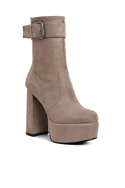 london Rag Women Flared Block Heel Mid-Calf Boots in Taupe