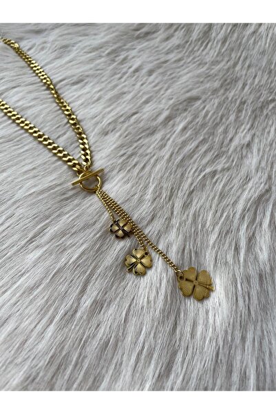 stainless steell Kalın Zincirli 3 Yonca Gold Çelik Kolye