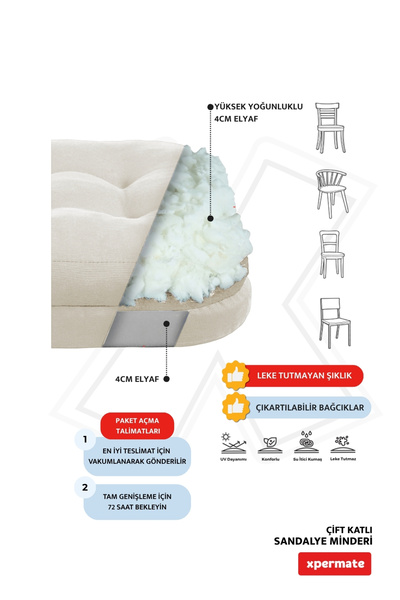 XPERMATE 4'lü Çift Kat Sandalye Minderi Fermuarlı Yıkanabilir Kılıf Su ve Yağ İtici42x42x8 Bej
