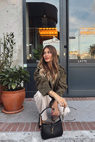 Sue Store Khaki Epaulet Detailed Lined Suede Jacket