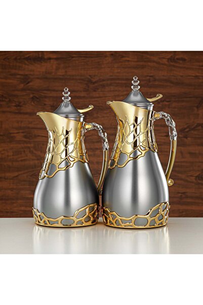 Radin Vacuum Flask Set Metal Body 0.7 L & 1 L ABS & Acrylic Handle – Matte Silver & Gold Tea &