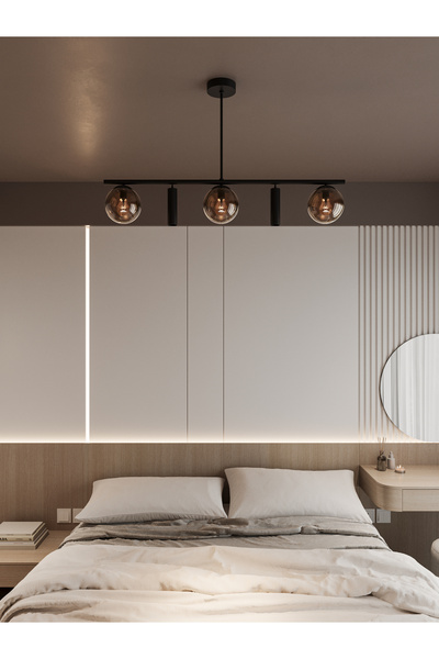 avizade SİENA Siyah Metal Gövdeli 5’li Modern Avize–3 Bal Cam Küre ve 2 Spot Işıklı Dekoratif Aydınlatma