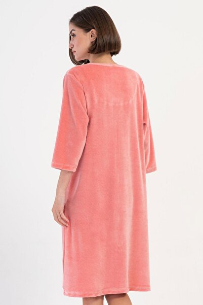 VİENETTA Rochie de acasă pentru femei, mărime mare, culoare roz, catifea, cu decolteu în V, mâneci capri, buzunar cu fermoar C3T6N2804