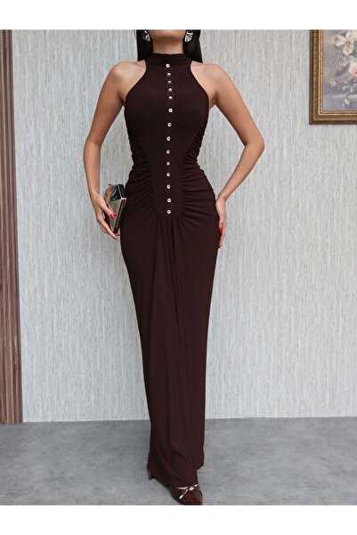 ESRAHELVACI Long Dress with Side Gathered Button Detail