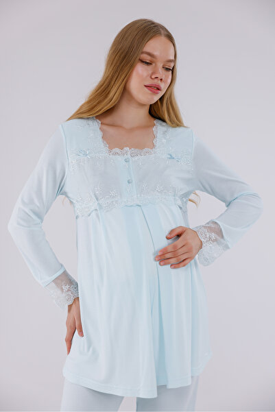 Yulem Homewear Turquoise Long Sleeve Cotton Full Length Maternity Pajama Set with Lace on Sleeves and Collar, 3-Piece Pajama Set