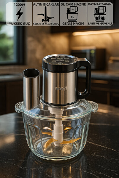 woodhub Güçlü 1200W 5L Cam Hazneli Çok Fonksiyonlu Kıyma, Blender, Doğrayıcı