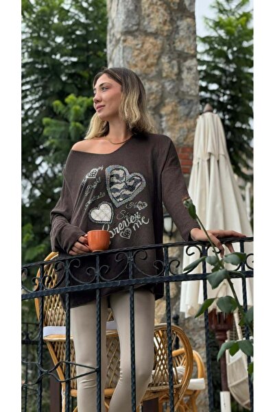 Punta Otantik LS6211 Ιταλική πλεκτή μπλούζα με σχέδιο καρδιάς καφέ