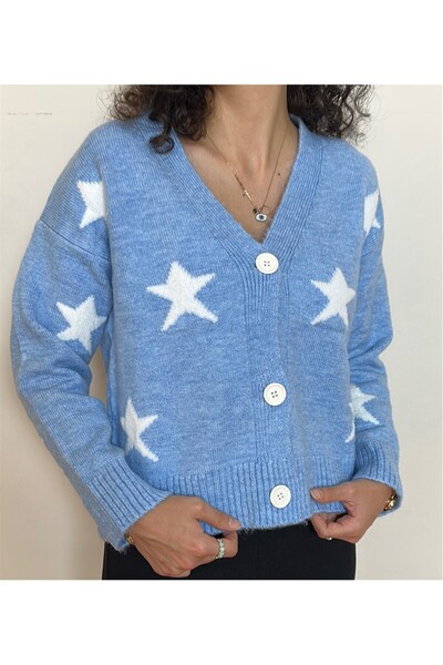 BELISTIL Blue Star Patterned V-Neck Knitwear Cardigan
