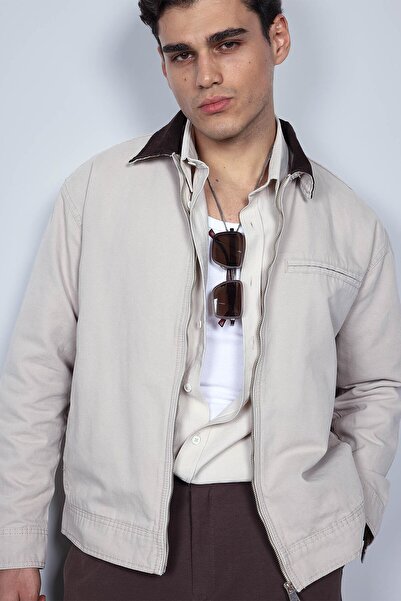 ablukaonline Ανδρικό τζιν μπουφάν με γιακά με αντίθεση και κανονική εφαρμογή σε μπεζ χρώμα