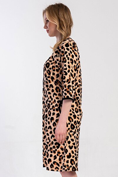 VİENETTA Women's Capri Sleeve Leopard Pattern Zippered Home Dress C0T0N3305