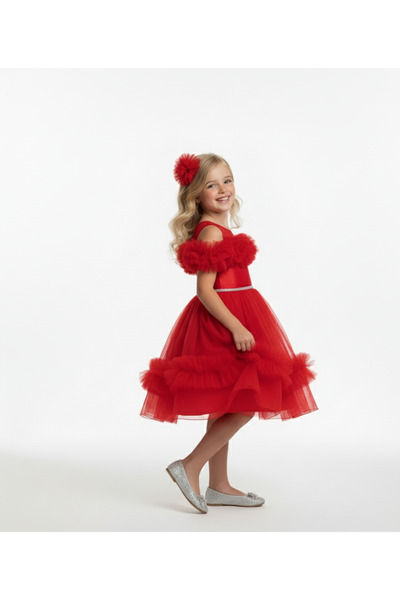 MİSS RAİN Fold-On Sleeves, Flowers, Low Shoulder, Stone Detail, Ruffle Skirt, Girl's Evening Dress