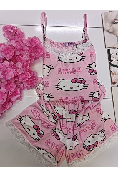 Lila Hello Kitty Desenli Birinci Kalite Milan Kumaş Dantel Detaylı Şortlu Takım