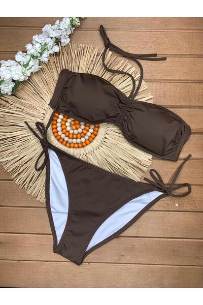VAJESTO Γυναικείο καφέ ελαστικό ύφασμα ελαστικό σετ μπικίνι με κορδόνι με λουράκια στράπλες κομψό κορδόνι που ρυθμίζει το μέγεθος