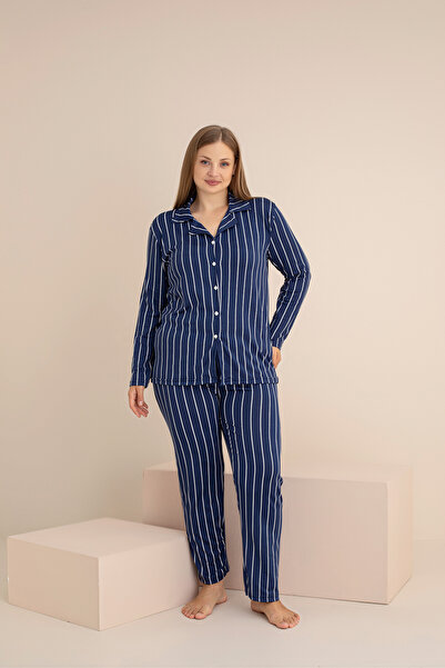 rindahomewear KADIN Buyuk Beden Milan Örme Uzun Kol Kadın Düğmeli Pijama Takımı