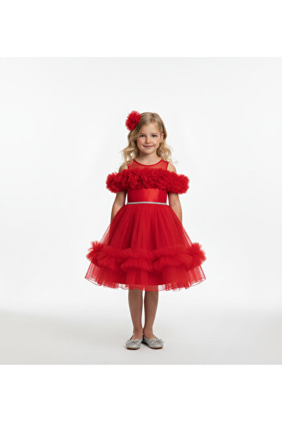 MİSS RAİN Fold-On Sleeves, Flowers, Low Shoulder, Stone Detail, Ruffle Skirt, Girl's Evening Dress