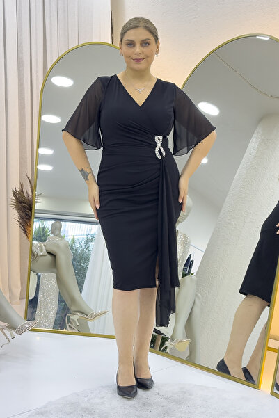 zks grup tekstil Women's Half Sleeve Stone Detailed Midi Length Plus Size Evening Dress Black, Plum, Purple, Navy Blue